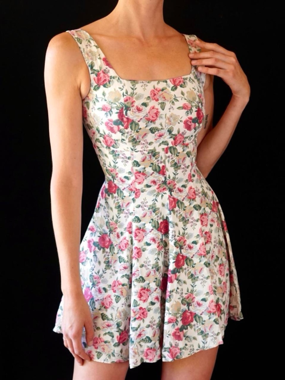 Vtg 90s Contempo Casuals Floral Mini Dress White Pink Rose Print
